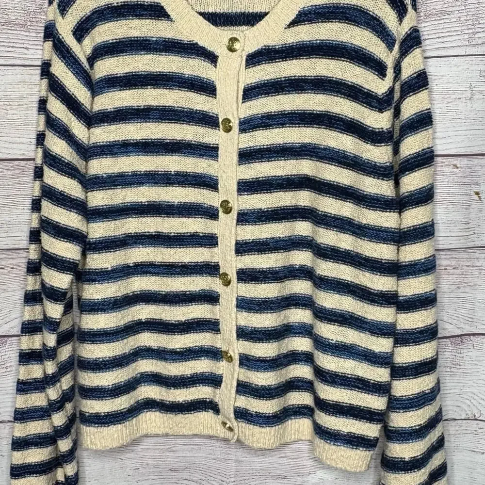 J. Crew Blue & Cream Striped Preppy Cotton Blend Quiet Luxury Cardigan Size XL